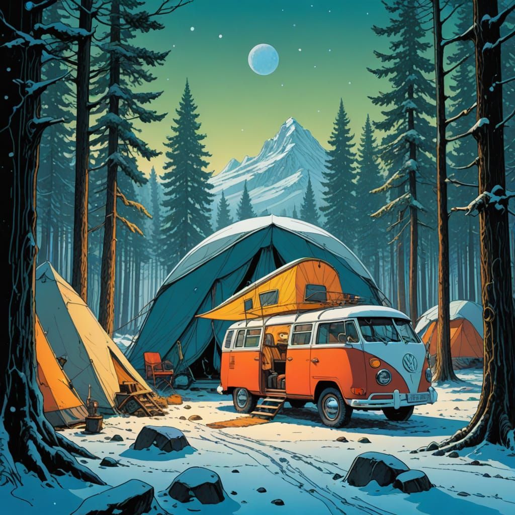Winter Camping Scene in a Serene Snowy Forest