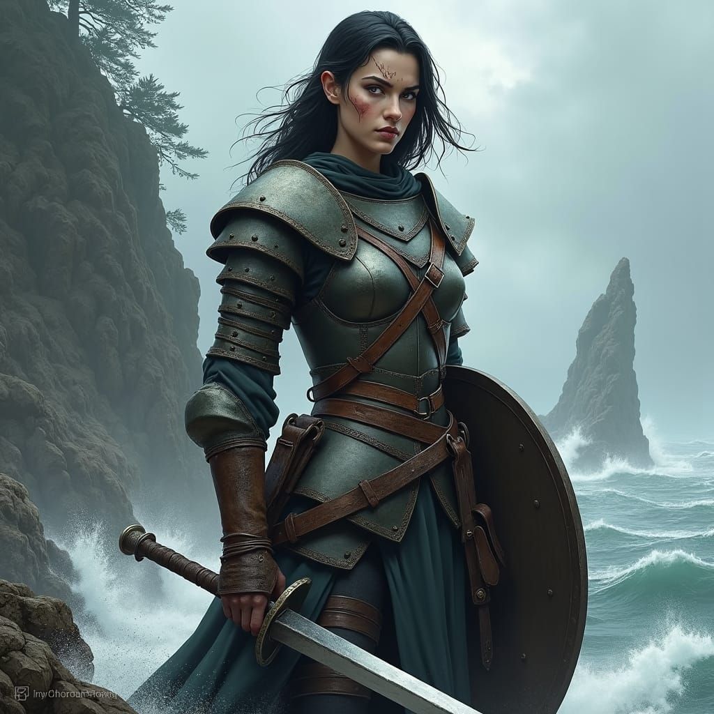 Battle-Hardened Warrior Amidst Stormy Island Landscape