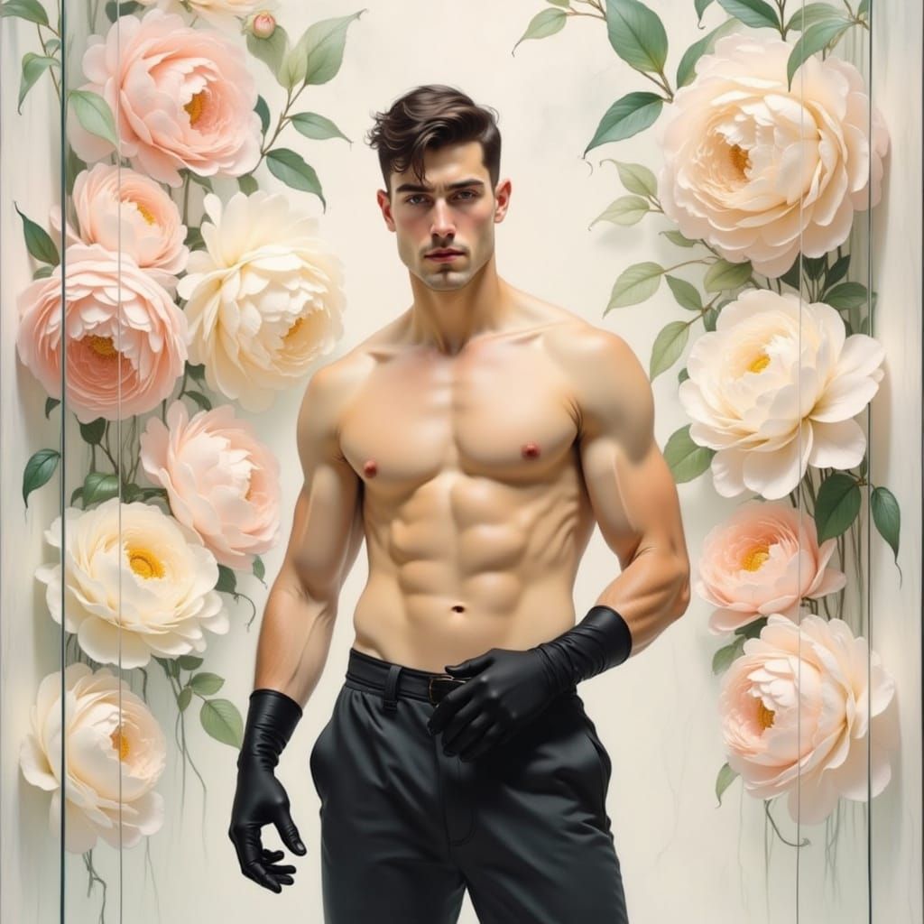 Handsome Man in Art Nouveau Shower with Lush Peonies