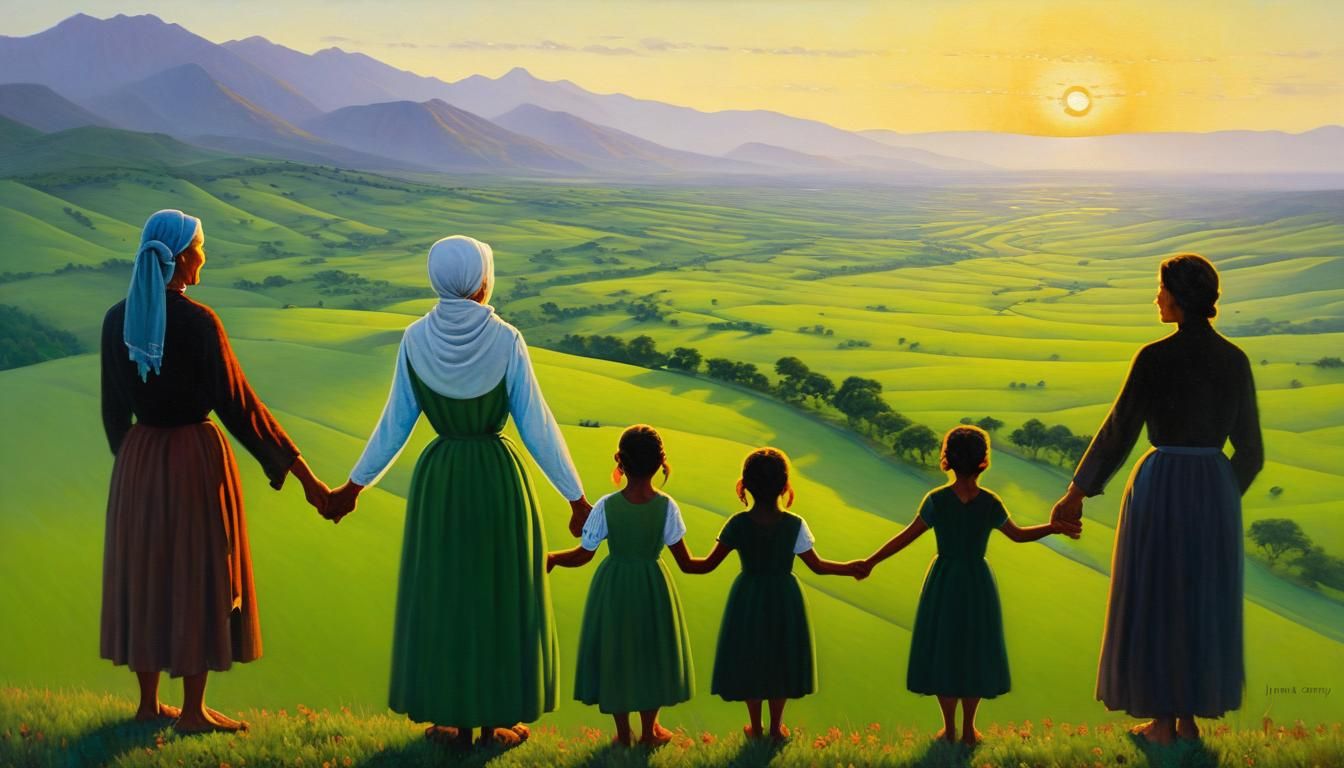 Women Watch Sunrise in Valley as Oil Painting