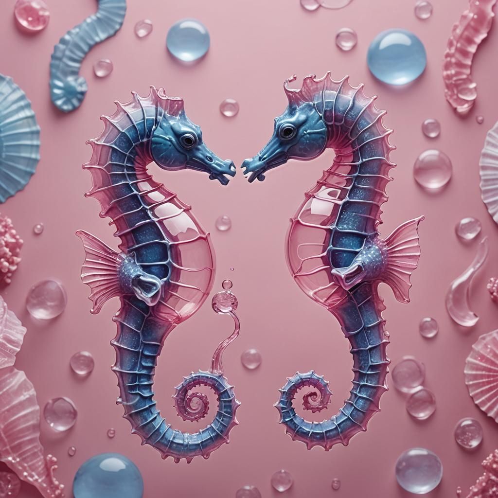 Glass Seahorses Kissing in Pink Ocean
