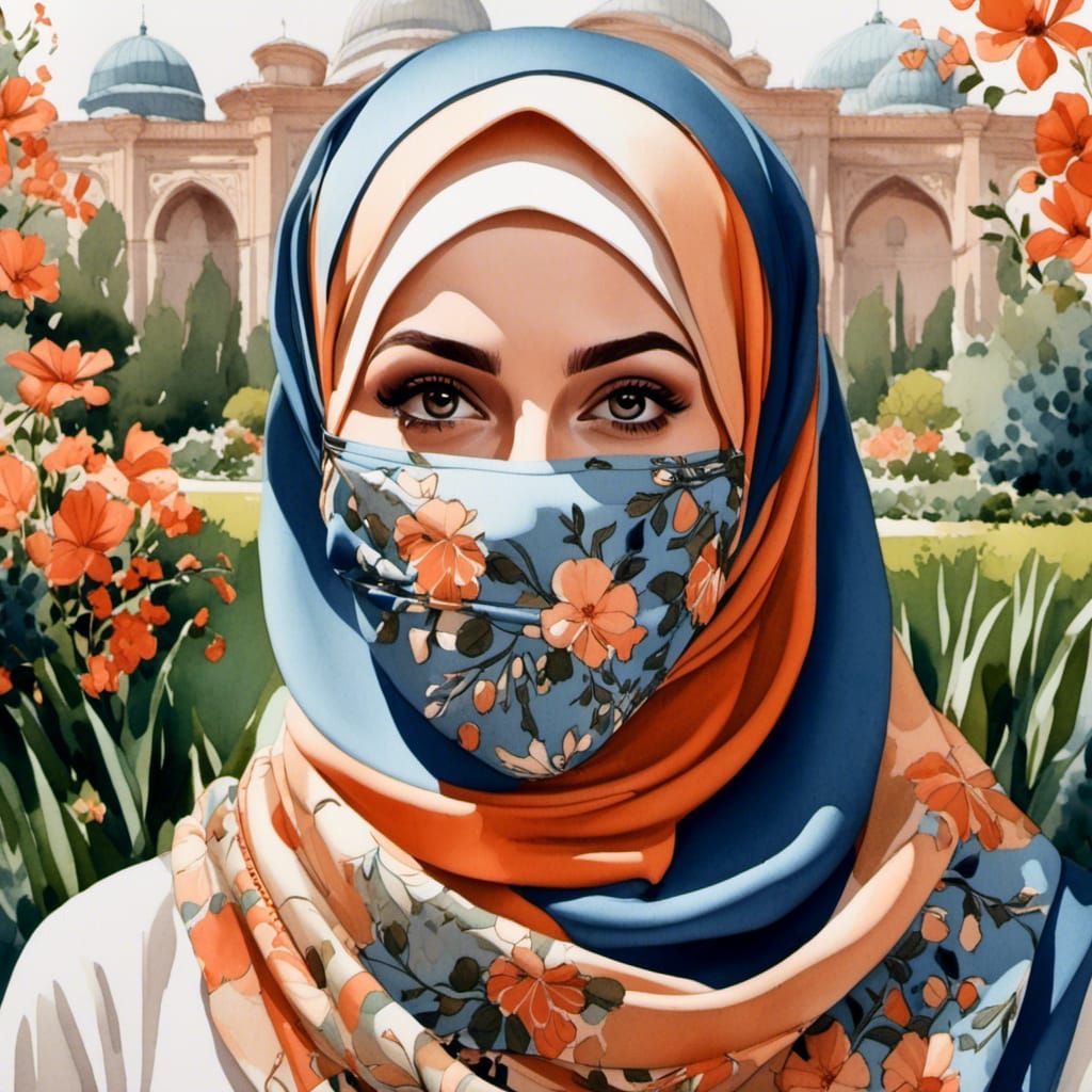 Stylish Hijabi Woman in Botanic Garden, Watercolor Art