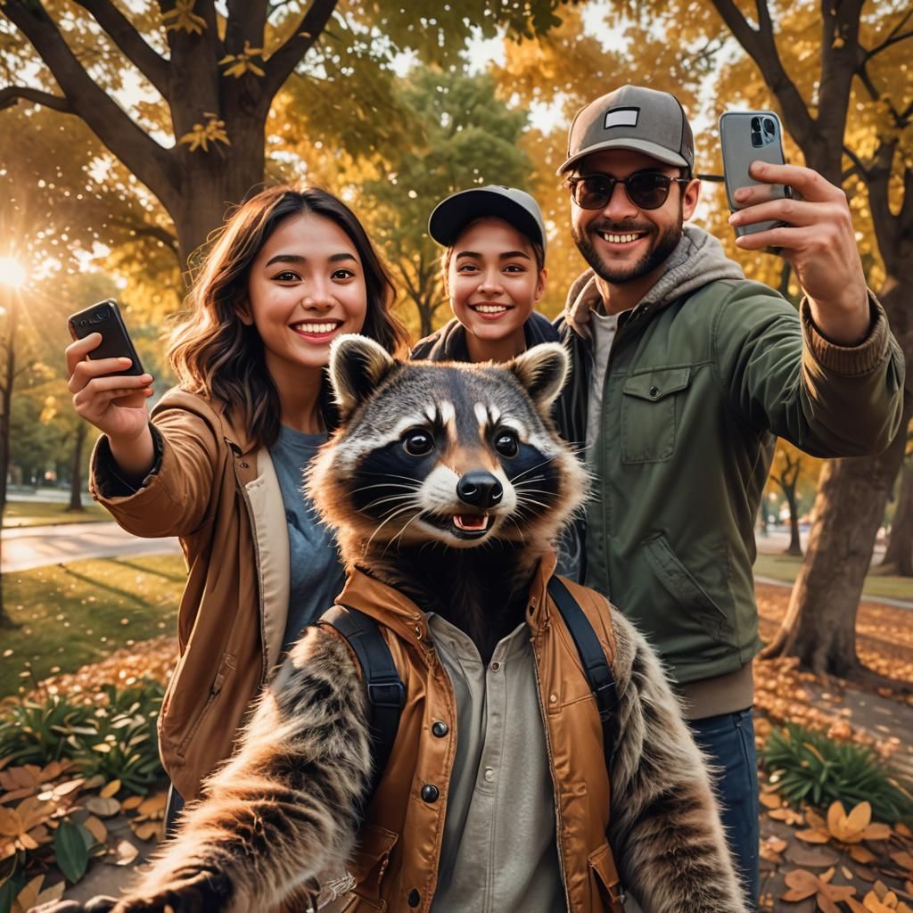 Raccoon Photobomb in Park Selfie: Hyper-Realistic Illustrati...