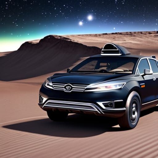 Hyperrealistic Car on Mars with Planets and Stars