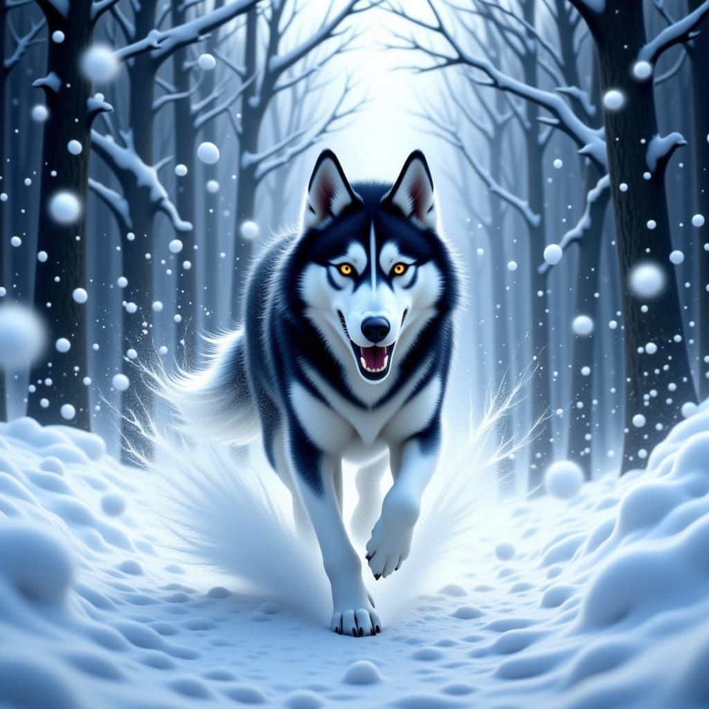 Husky Running Fast Through Snowy Forest Digital Painting