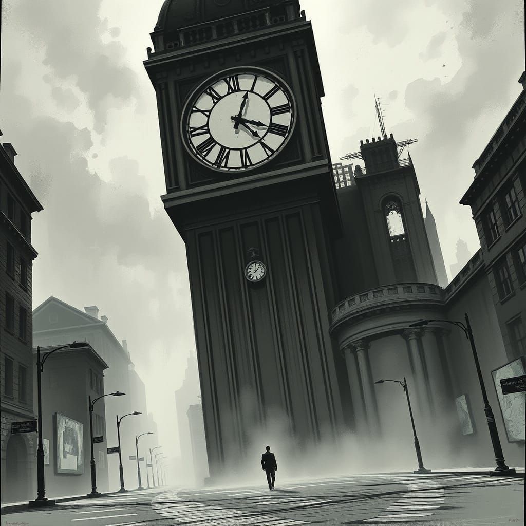 Grayscale Clock Tower in Hyperrealistic Film Noir