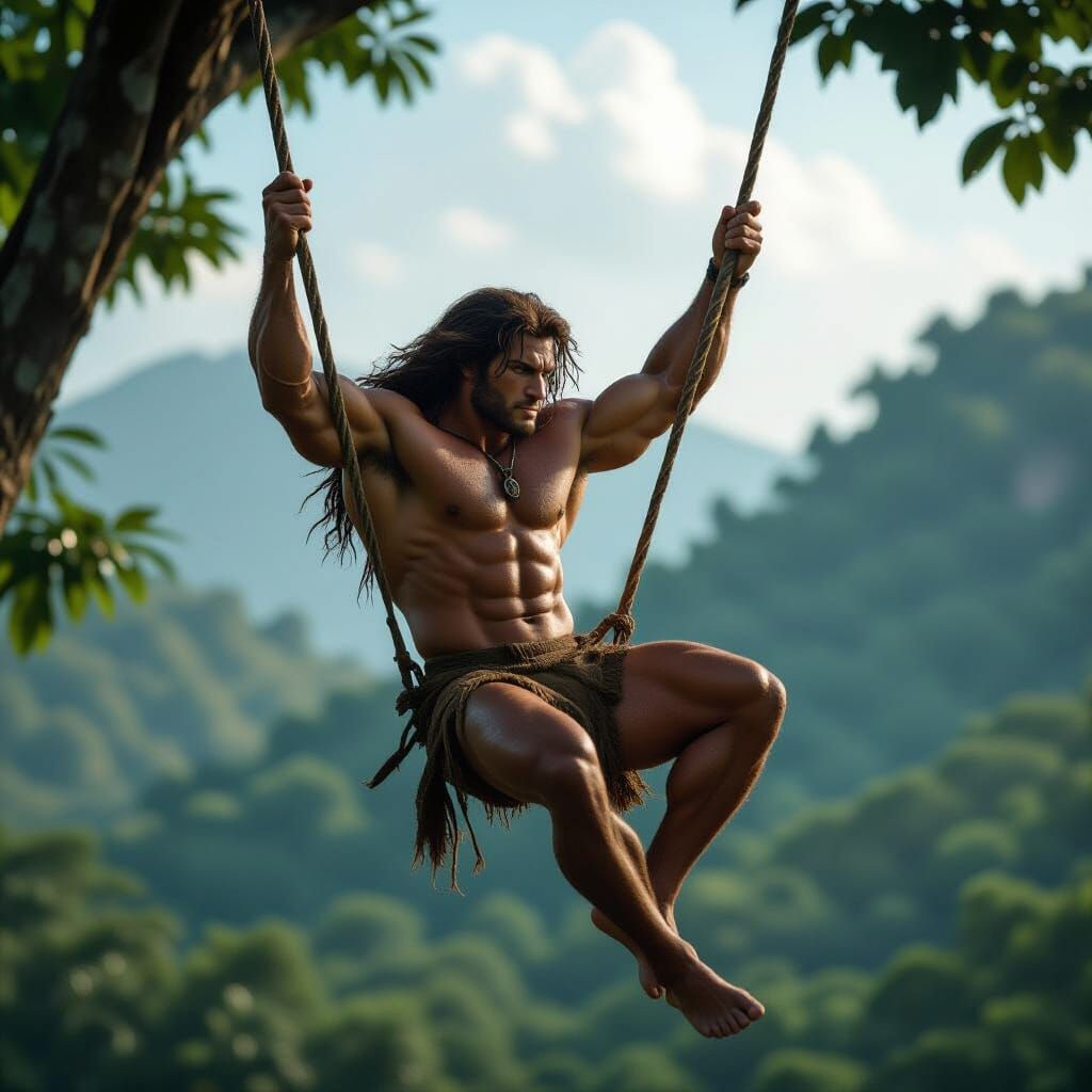A muscular Tarzan swinging on a vine, wearing only a loin cloth