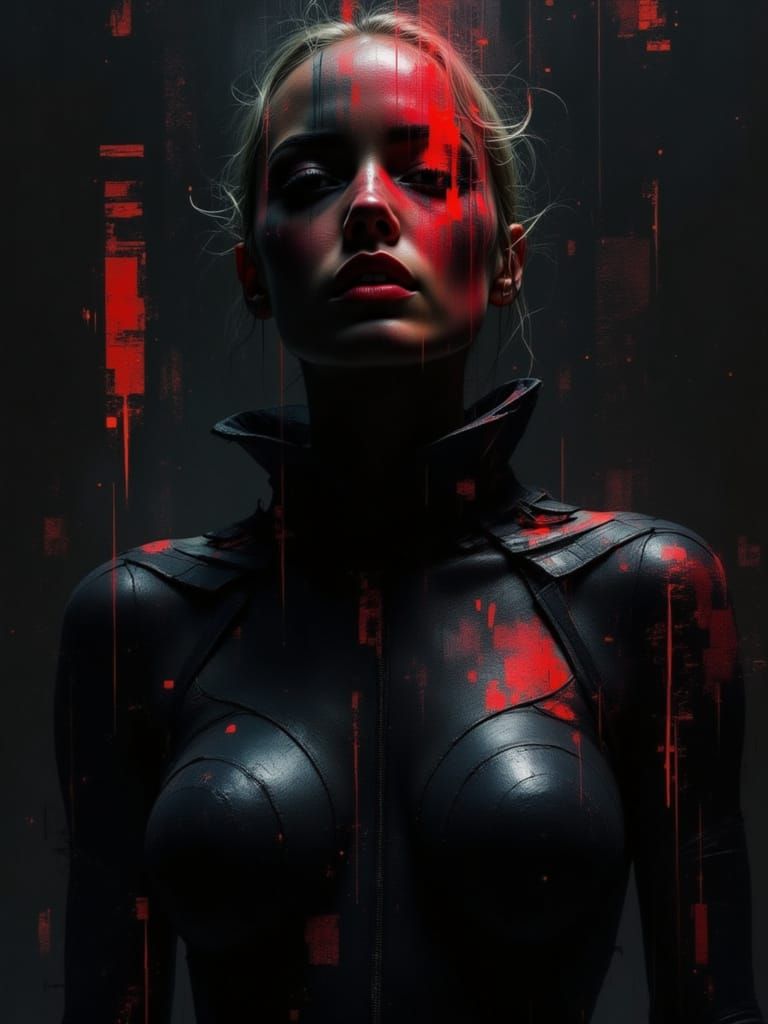 Cybernetic Humanoid with Crimson Code in Digital Void