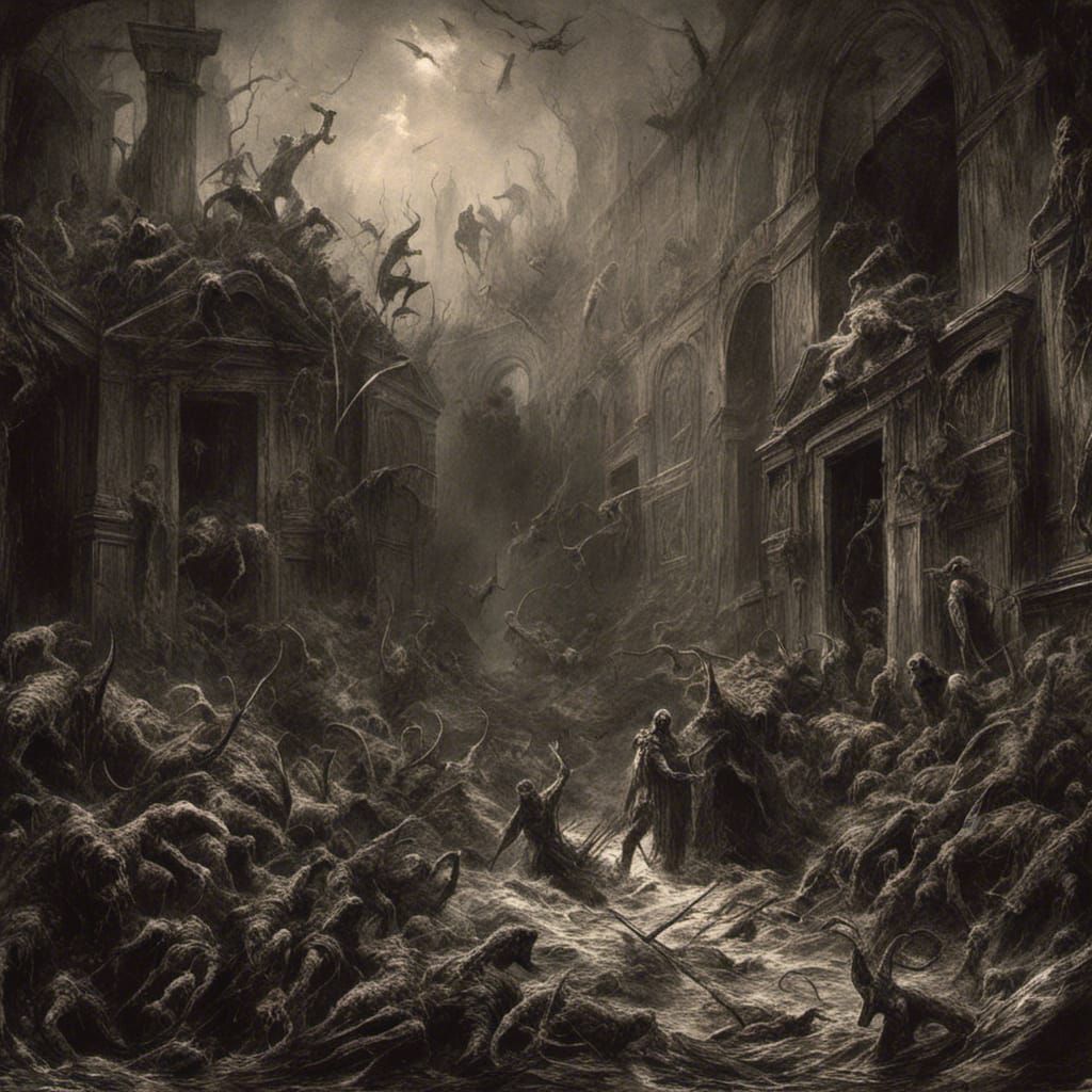 Medieval Hellscape Painting with Dinosaurs and Worms