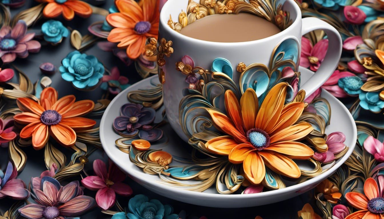 Intricate Coffee Mug with Floral Watercolors