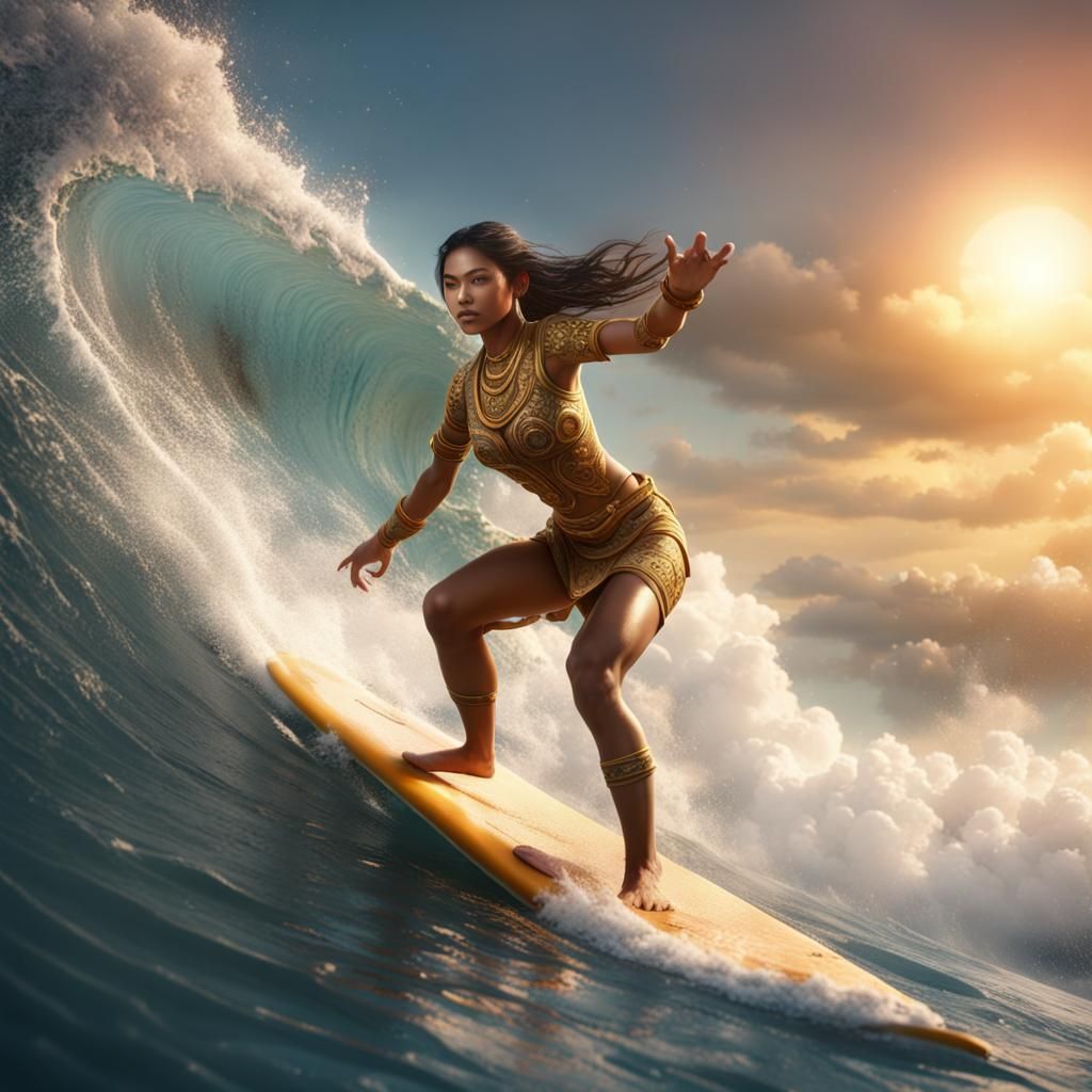 Balinese Girl Surfing: Detailed Fantasy Art