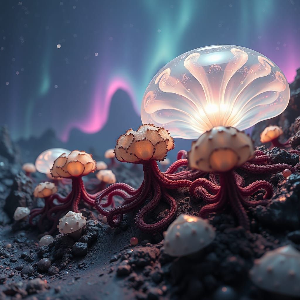 Bioluminescent Alien Landscape with Tentacled Seedpods