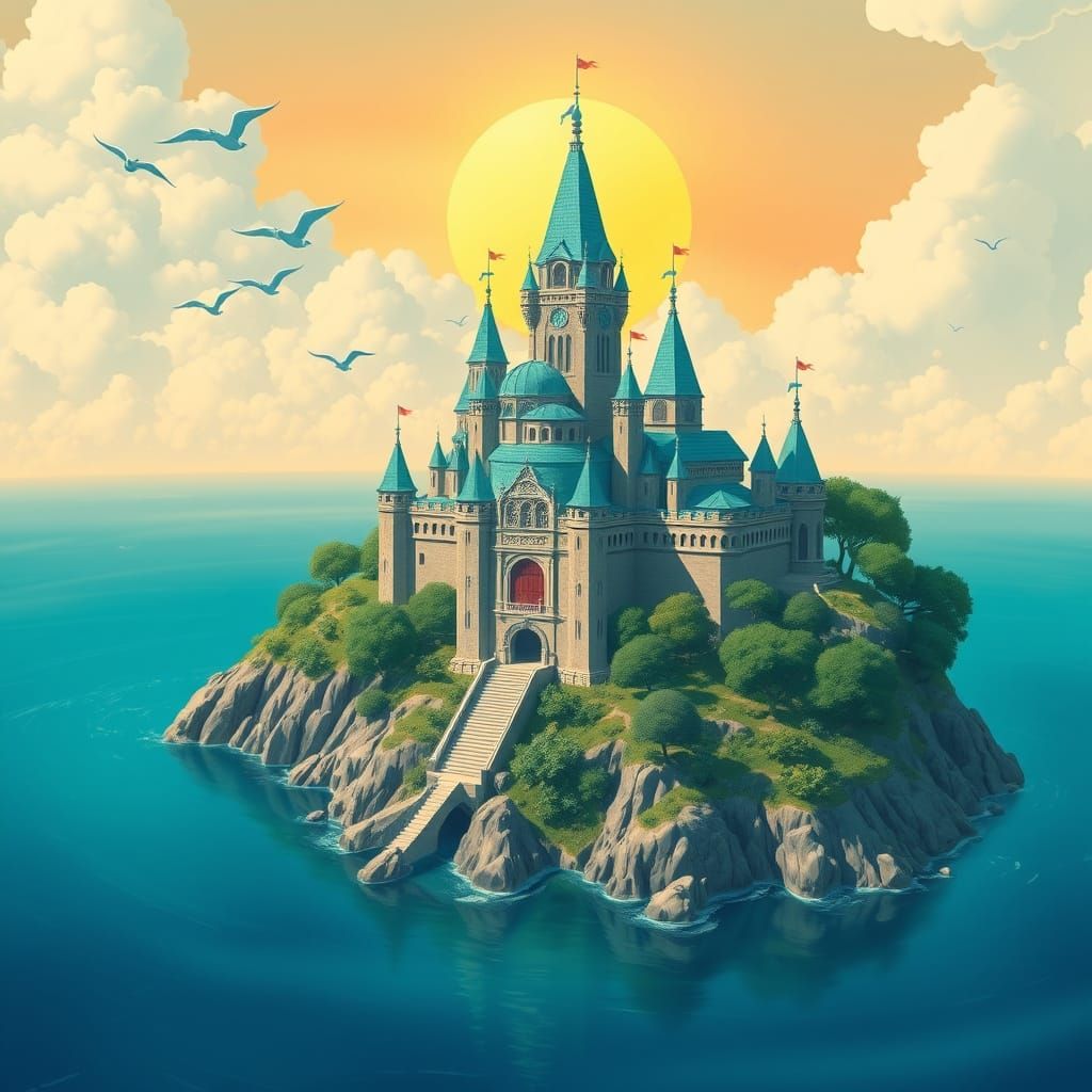 Turquoise Castle Island in Dreamy Vibrant Style