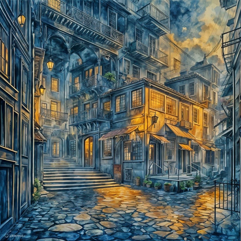 Mediterranean Village Alleyway in Expressive Watercolor