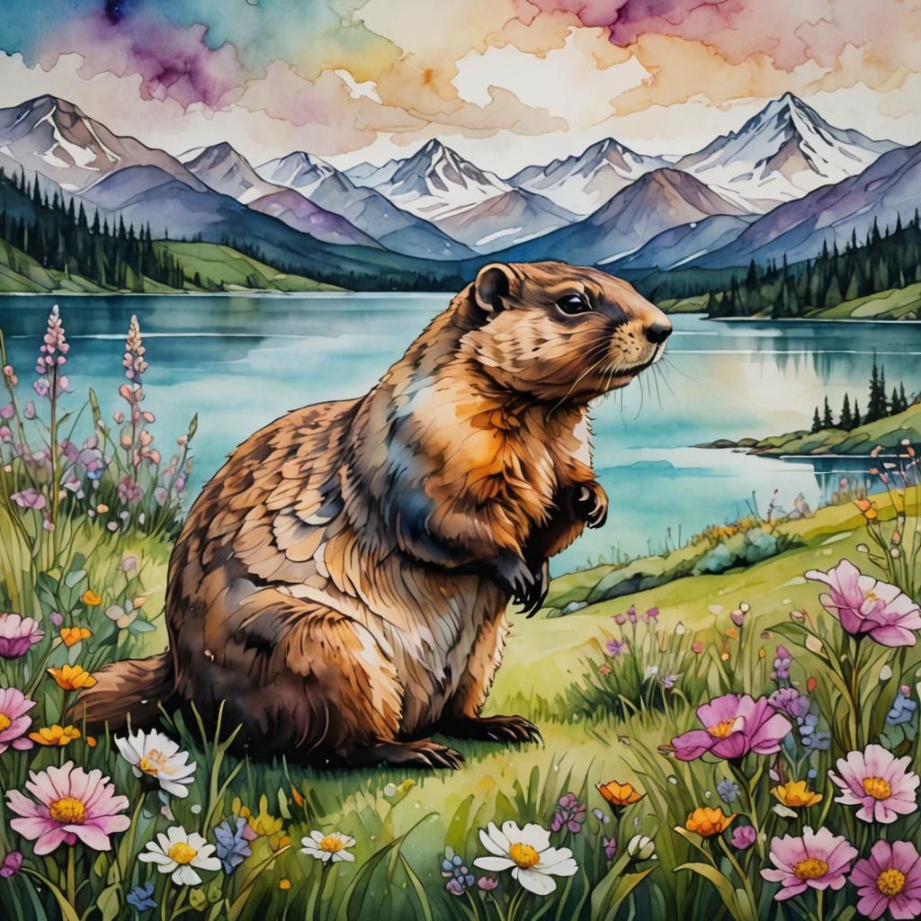 Groundhog in Meadow: Art Nouveau Alcohol Ink Painting