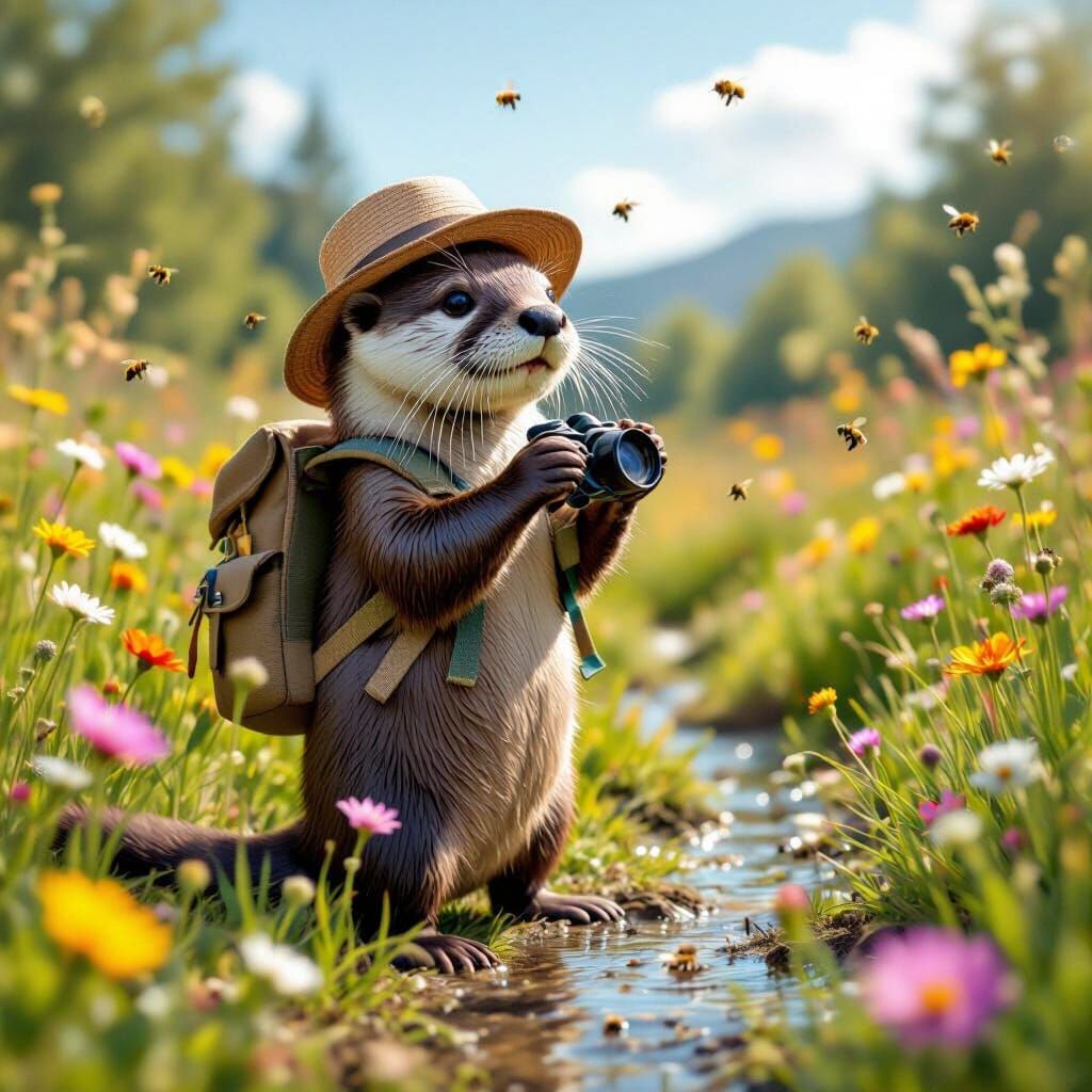 Otter Explorer in Sunny Meadow, Inspired by Classic Illustra...