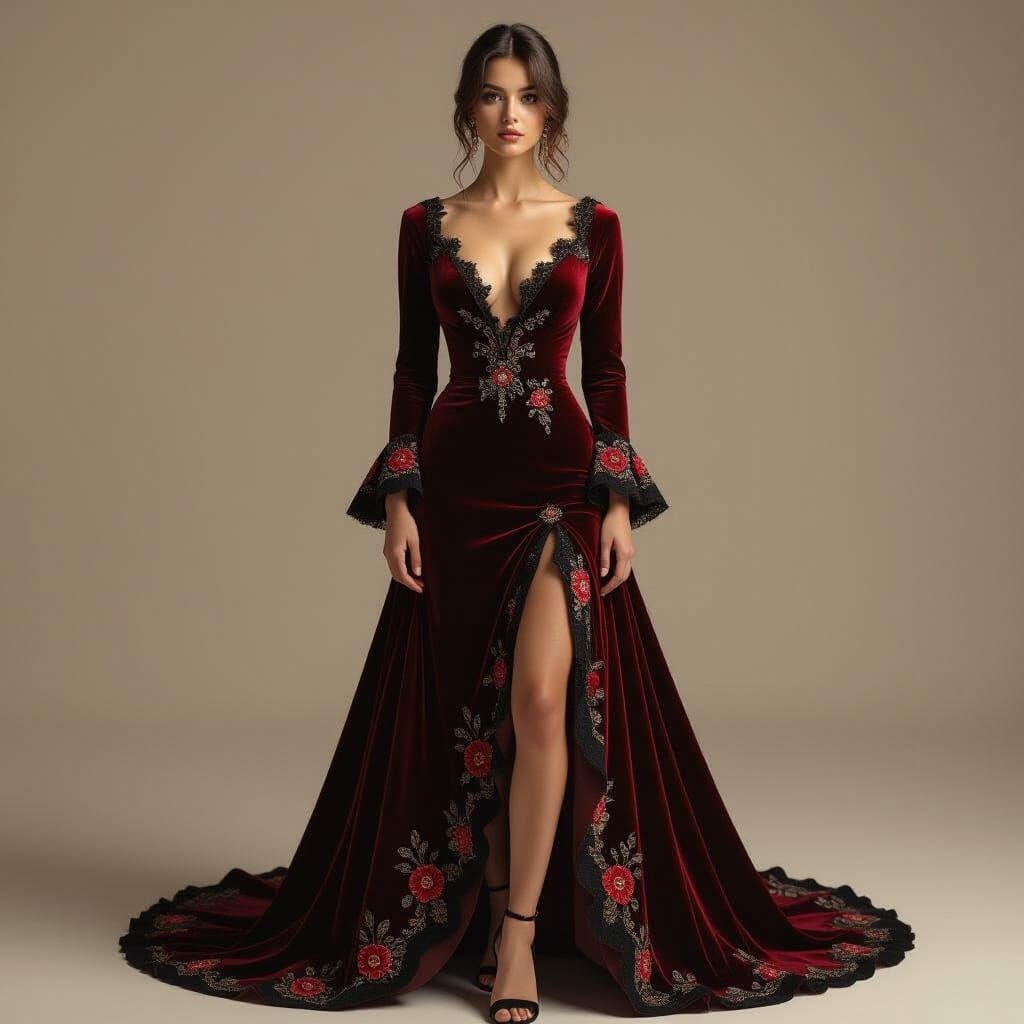 Woman in Crimson Velvet Gown, Photorealistic Style