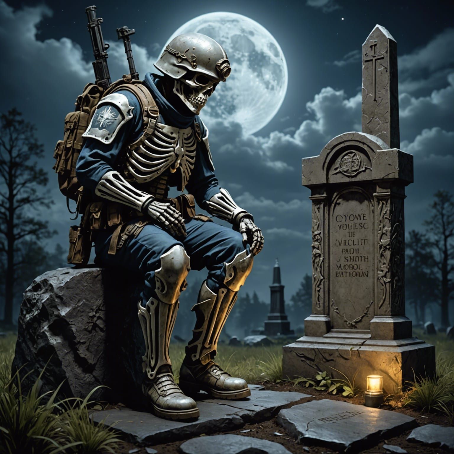 Skeleton Soldier Kneels at Grave: Dark Fantasy Art