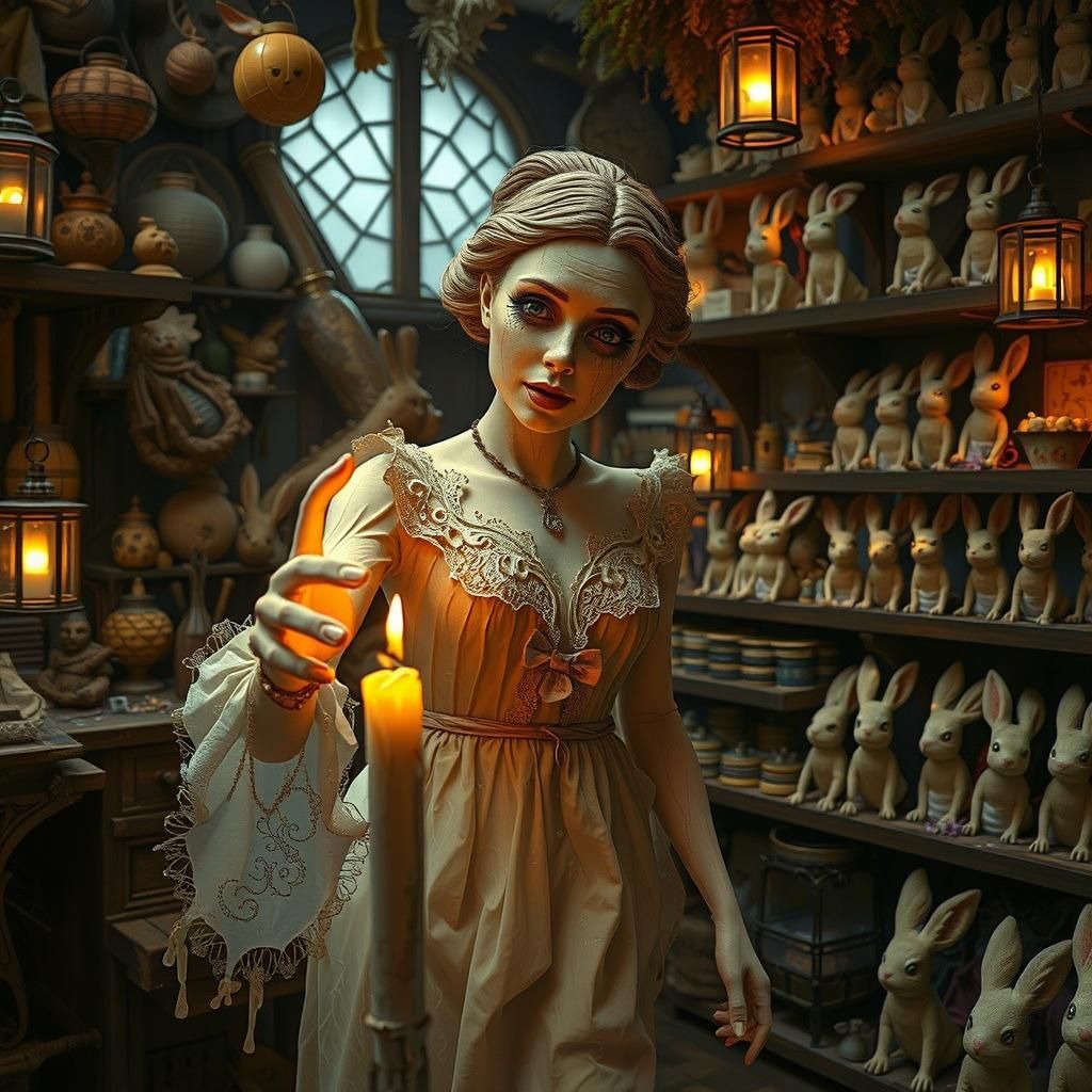 Surreal Melting Wax Woman in Mystical Workshop