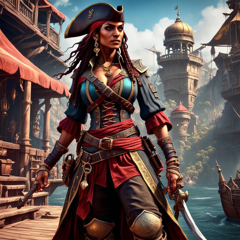 Powerful Pirate Woman in Traditional Indian Dress