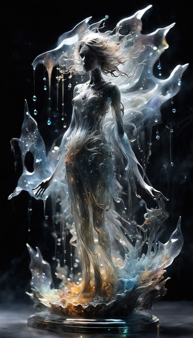 Glass Crystal Woman Sculpture in Smoky Cosmic Background