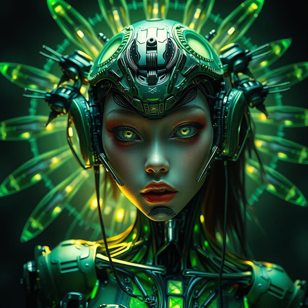 Cyborg Goddess in Dark Futuristic Biomechanical Style
