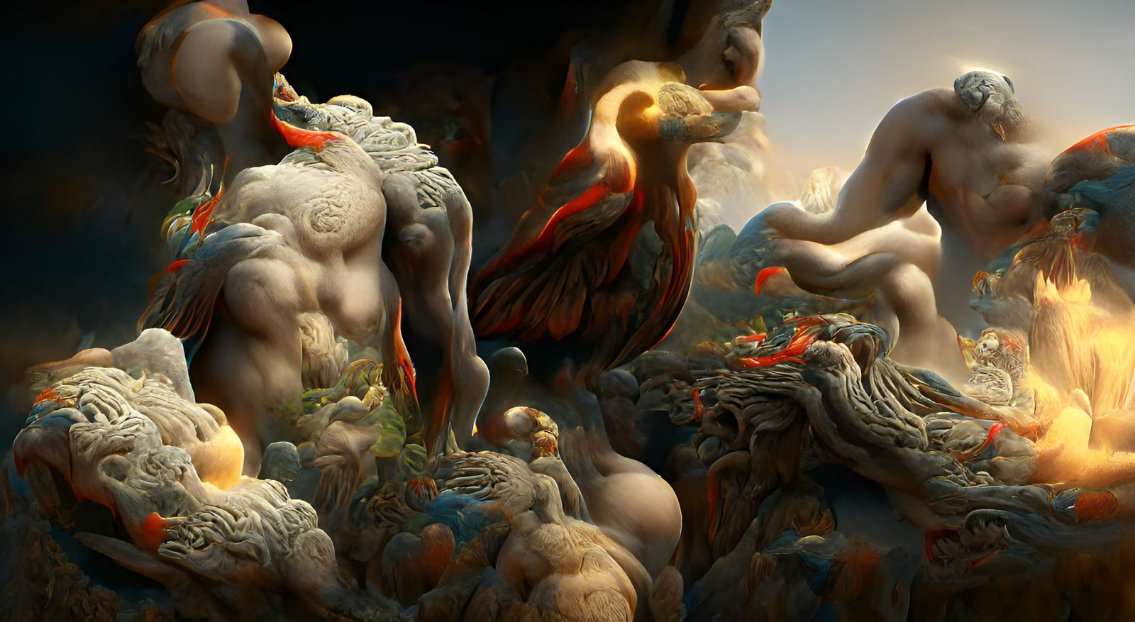 Prometheus' Torment: Birds of Fire in Oil Painting