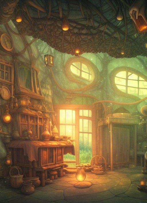 Anime Witch's Laboratory with Bubbling Potions