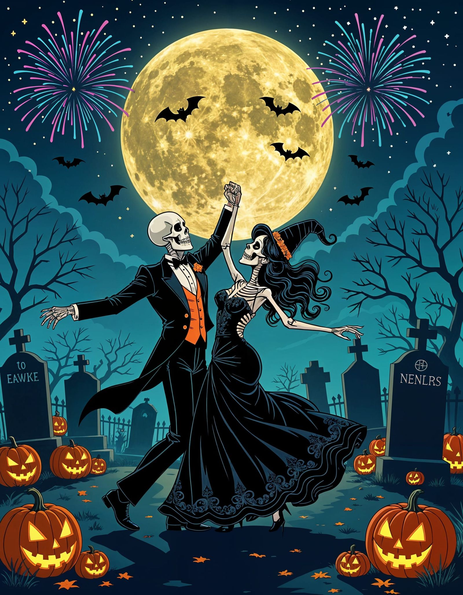Skeleton Couple's New Year's Eve Dance in Haunted Graveyard