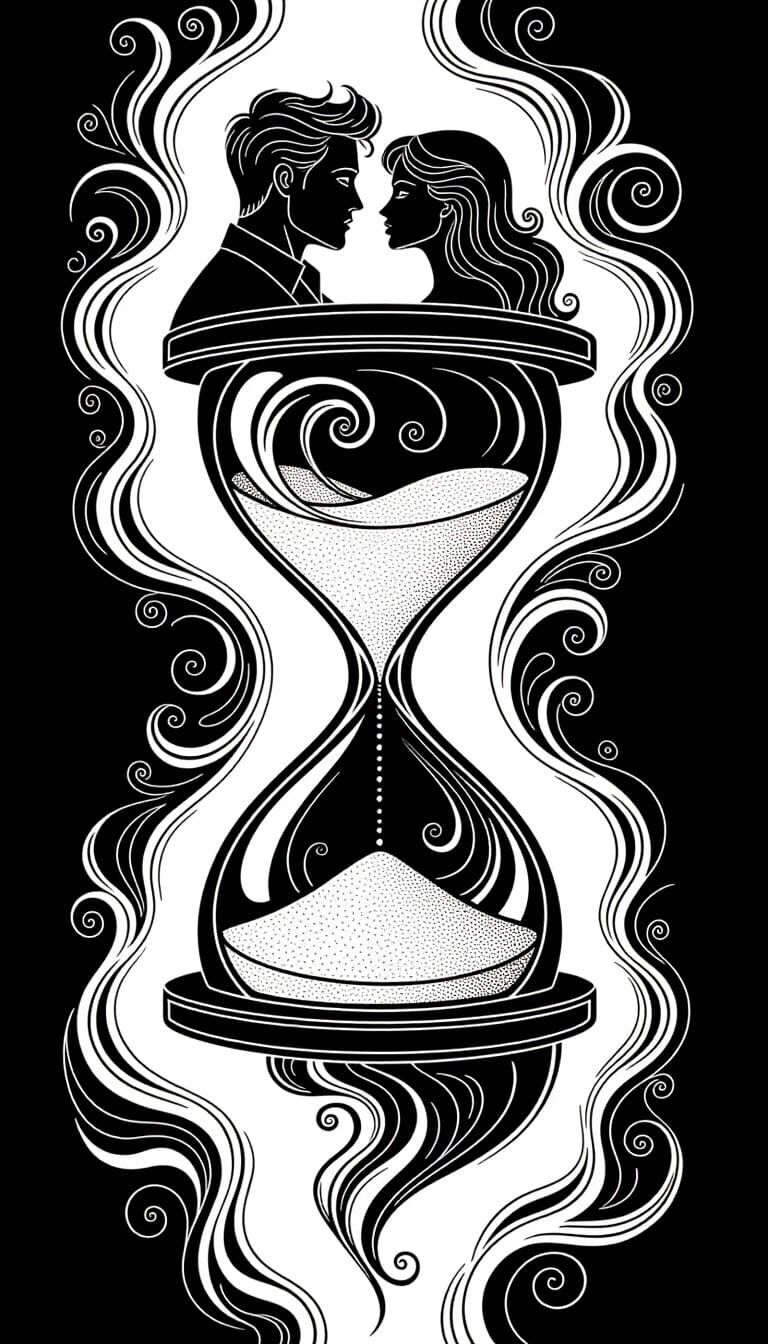 Minimalist Hourglass with Flames in Black and White