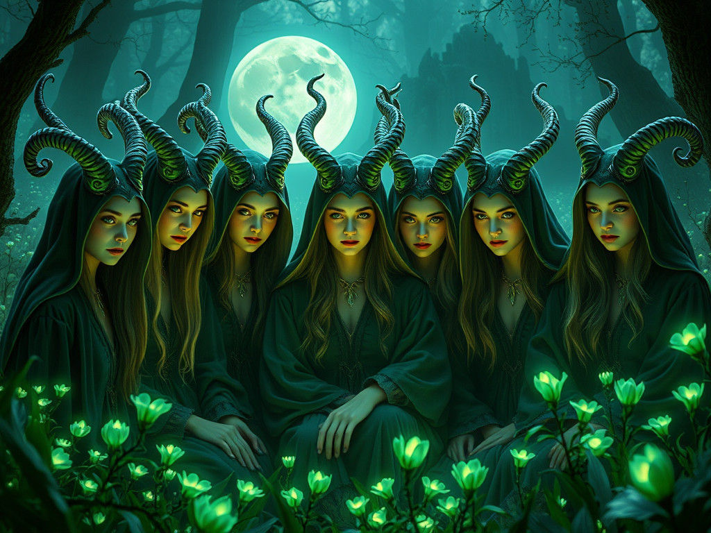 Mystical Witches Coven in Emerald Valley, Dreamlike Concept ...