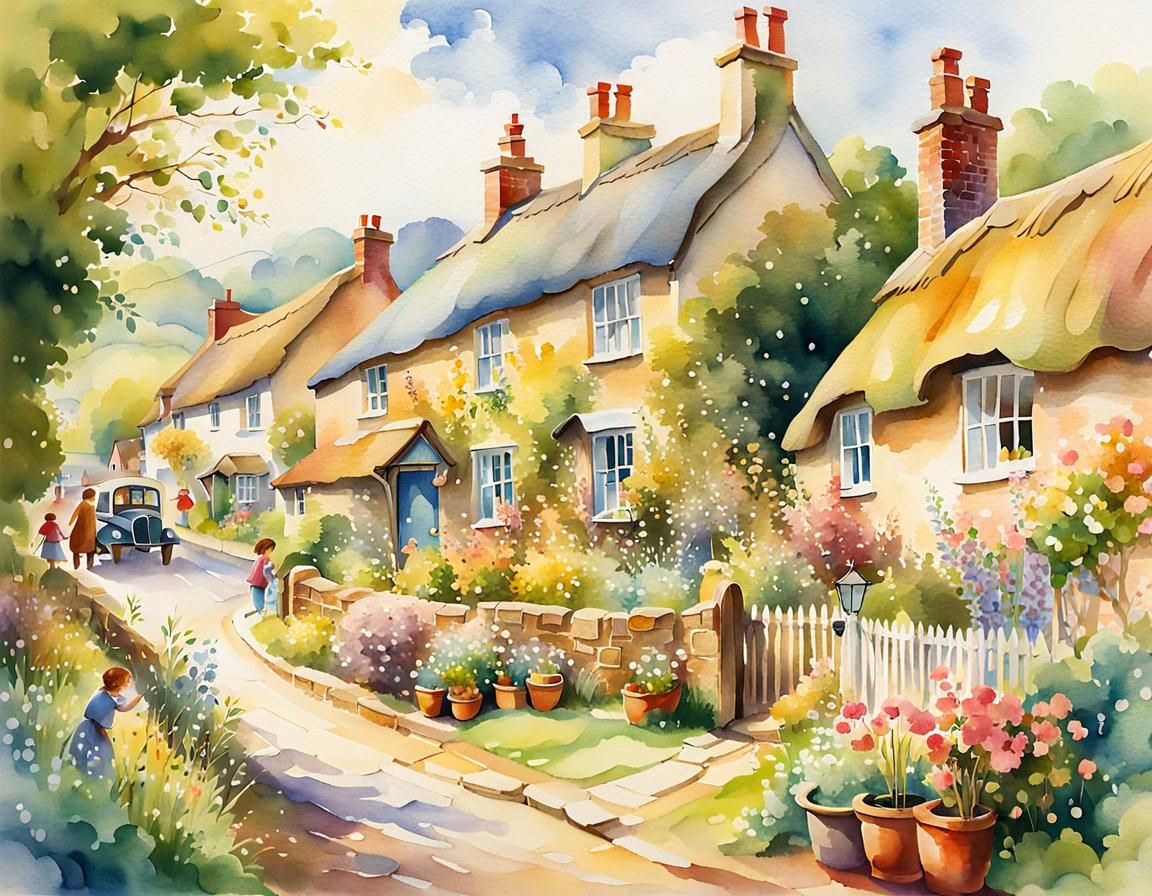 Charming Watercolour Village Scene in Beatrix Potter Style