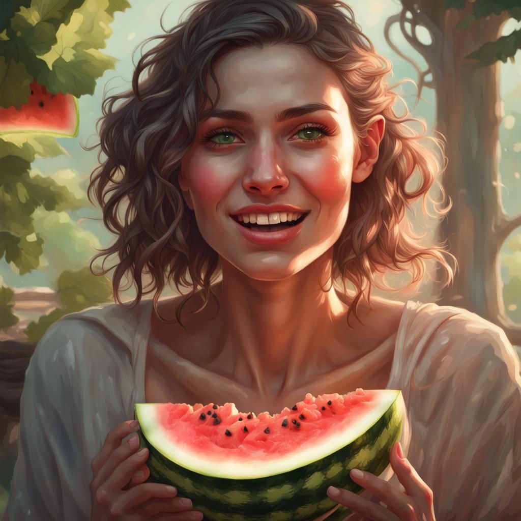 Blissful Woman with Watermelon: Hyperdetailed Portrait