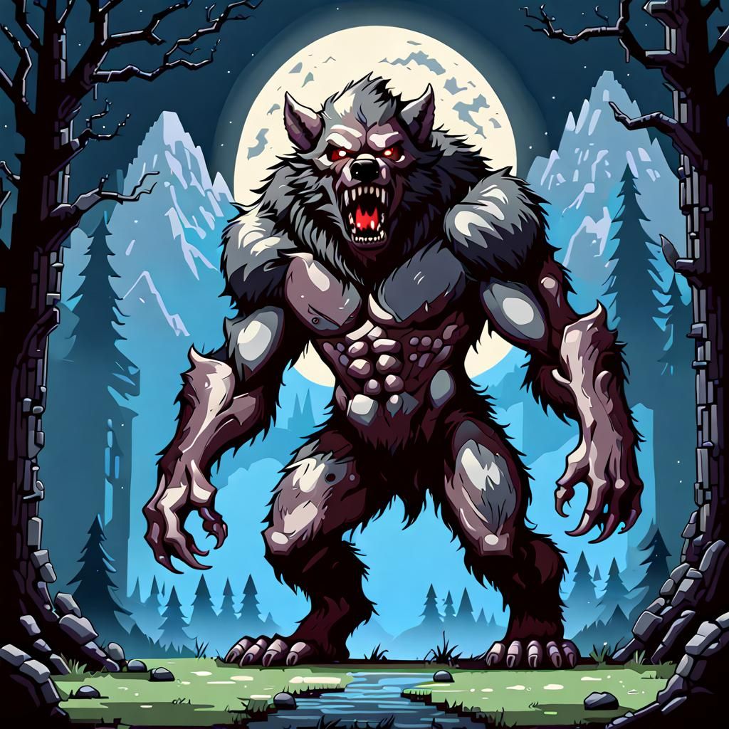 Werewolf in Pixel Art Style Fantasy Background