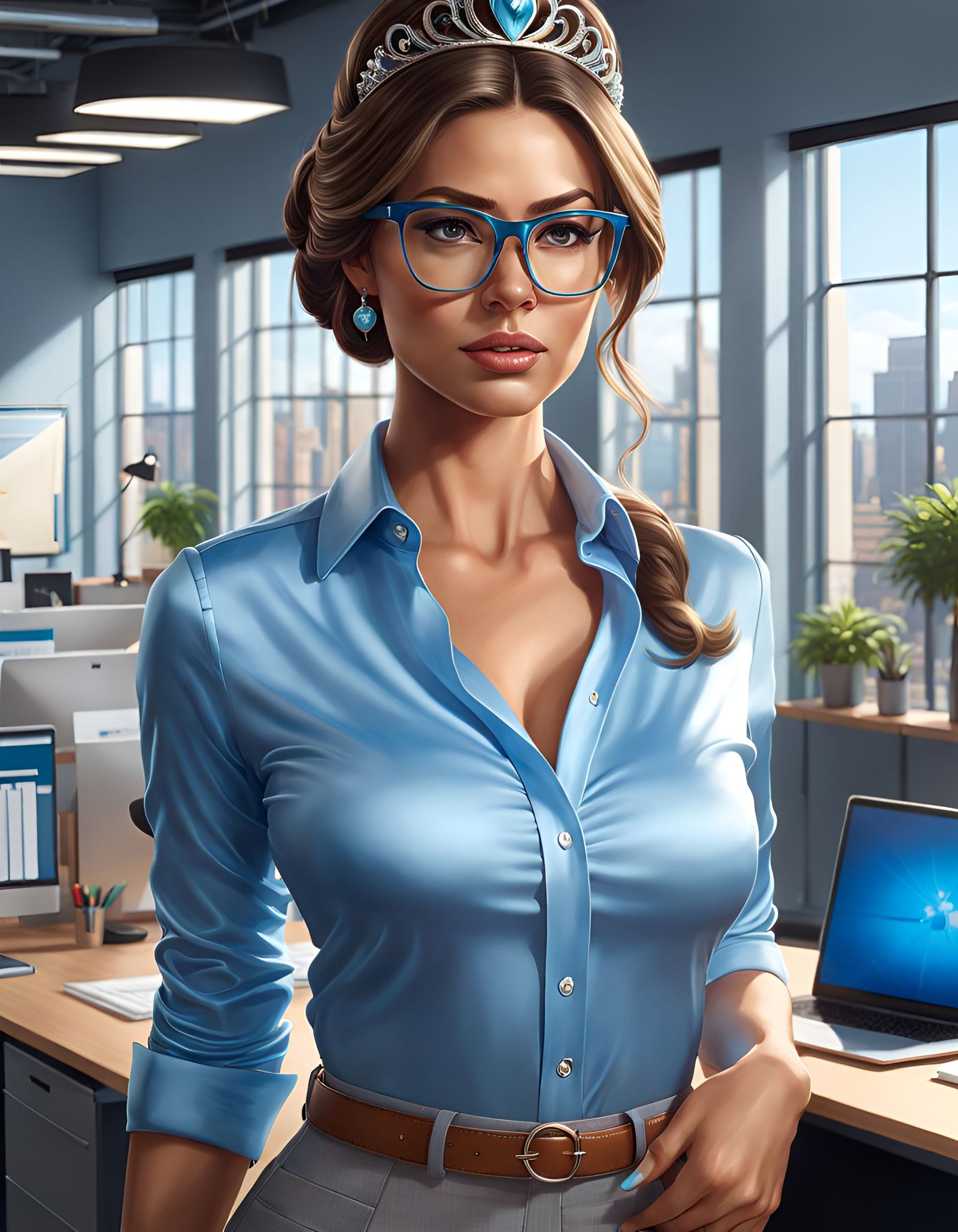 Gorgeous Woman with Tiara in Sunny Office