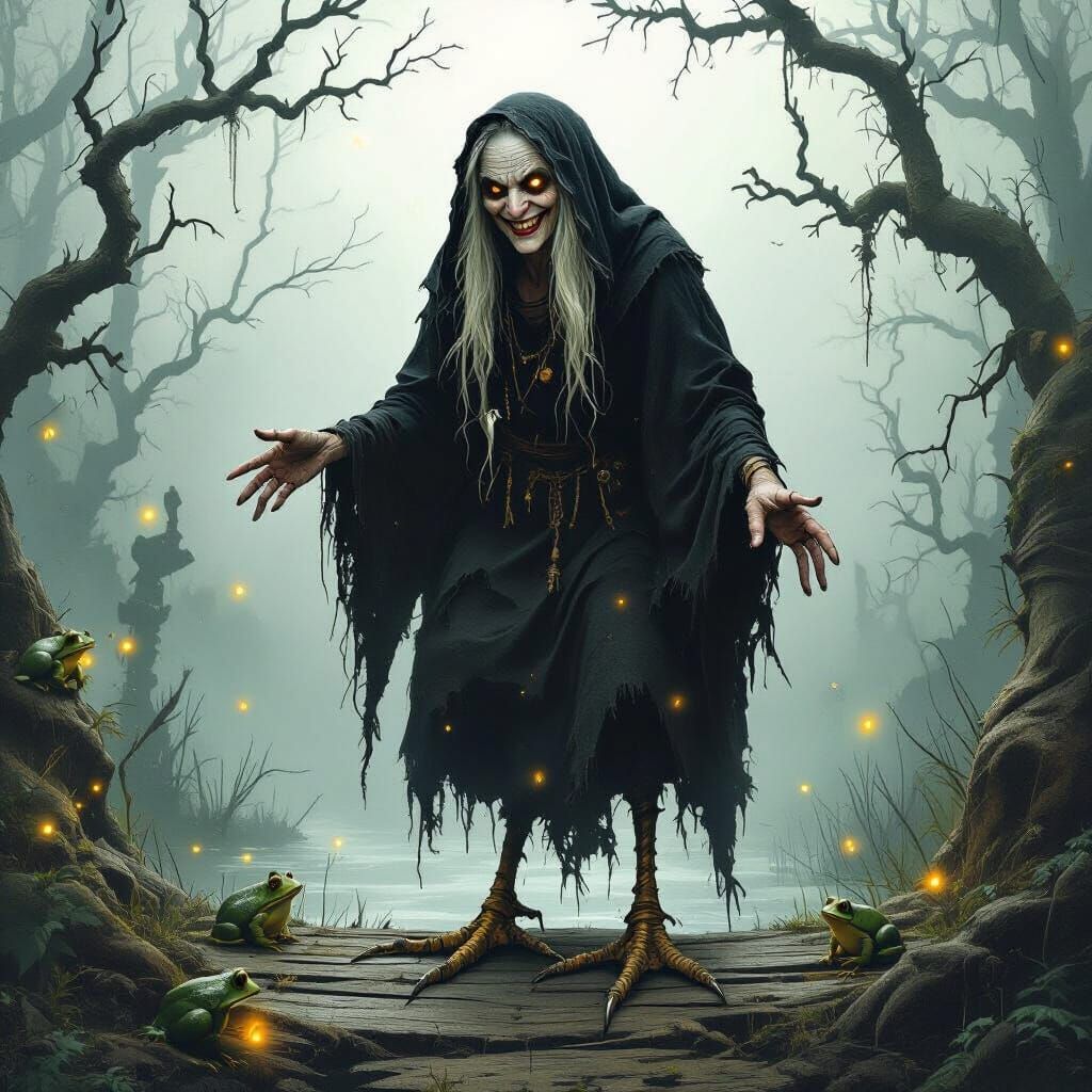 Eerie Baba Yaga in Dark Swamp, in Beksiński Style