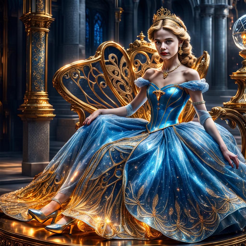 Hyperrealistic Cinderella in Golden Tesla Glass Dress