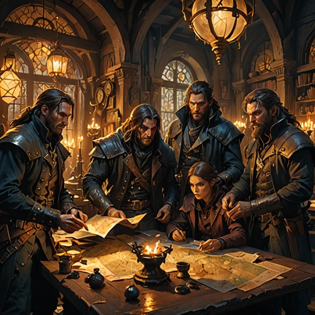 Rogues Plotting in a Dimly Lit Fantasy Tavern