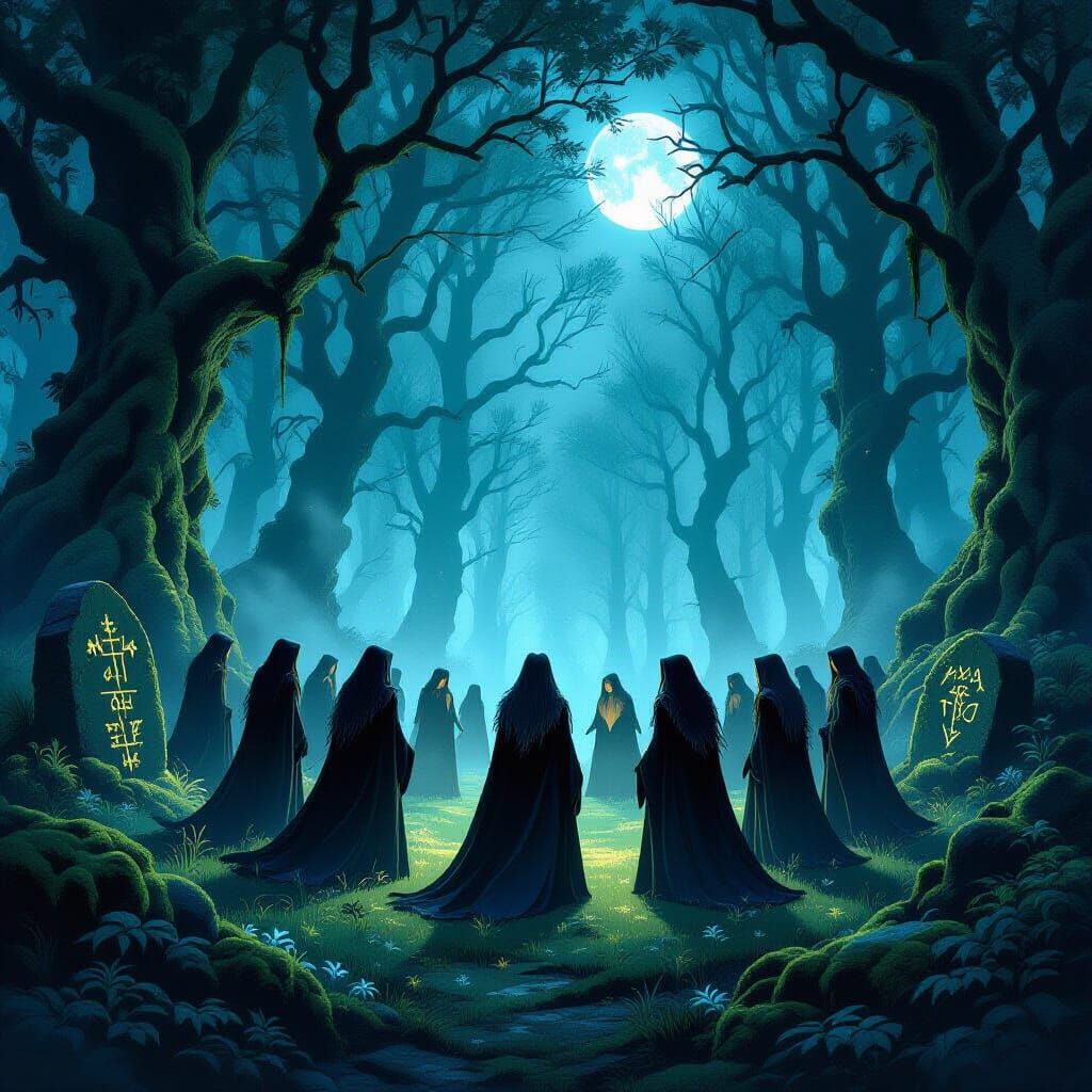 Witches Coven in Bioluminescent Forest Clearing