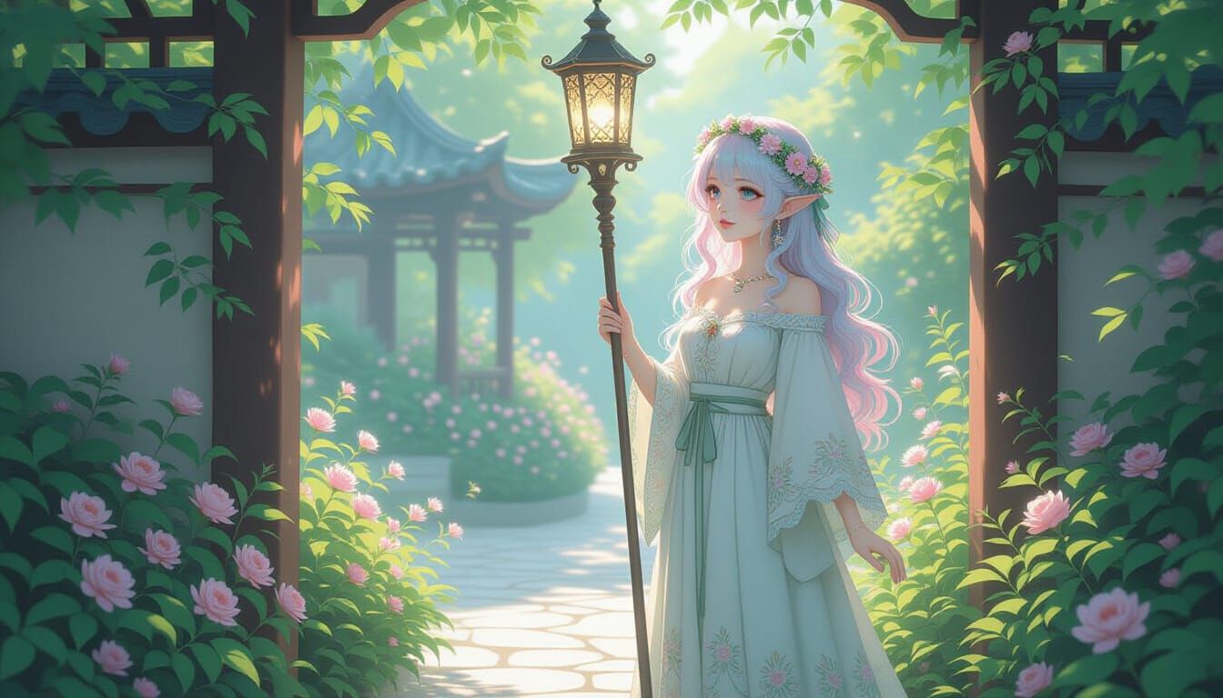 Ethereal Fey Attendant with Lantern Staff in Pastel Mist
