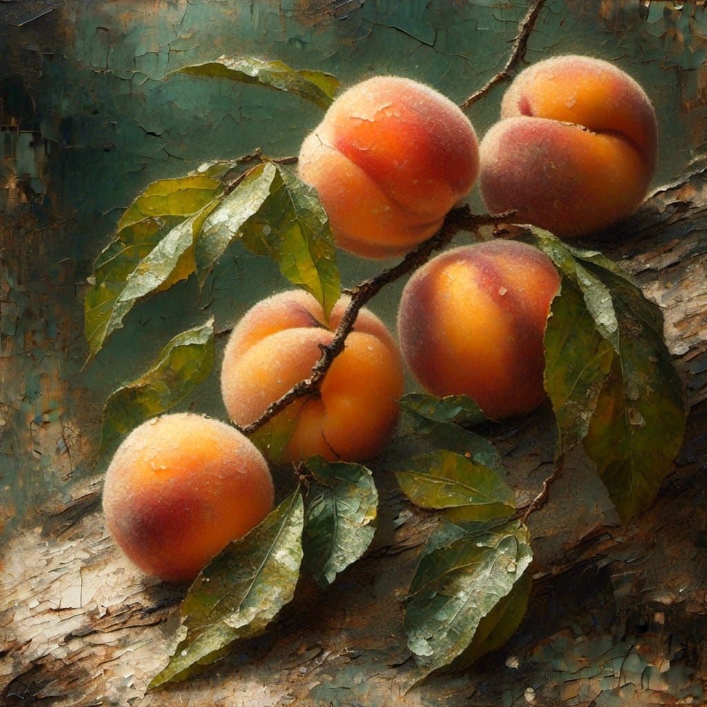Ripe Peaches in Sunlit Garden: Oil Painting with Craquelure