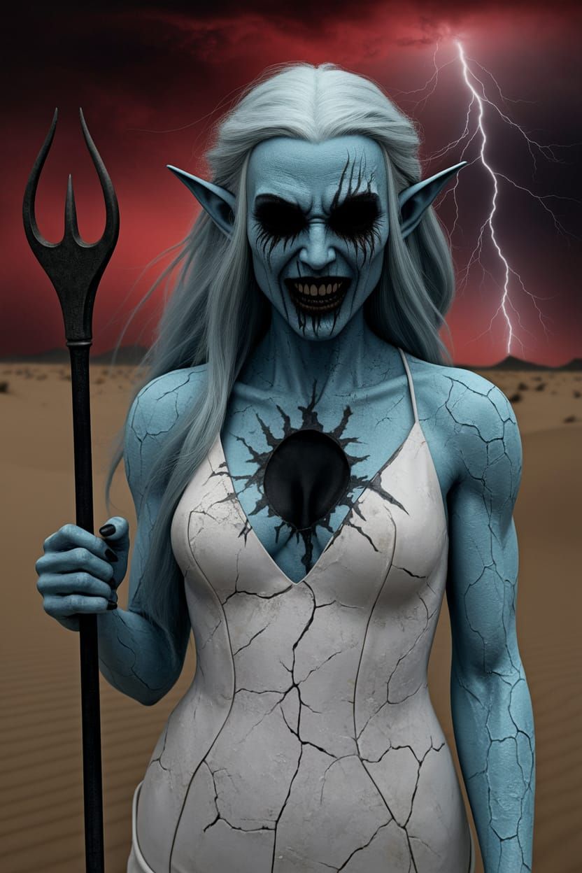 Menacing Elf Woman in Red Desert Landscape