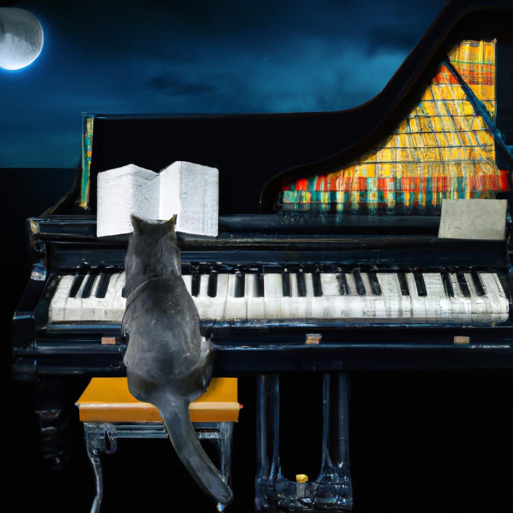 Cat Playing Fish Piano at Night: Collage Art