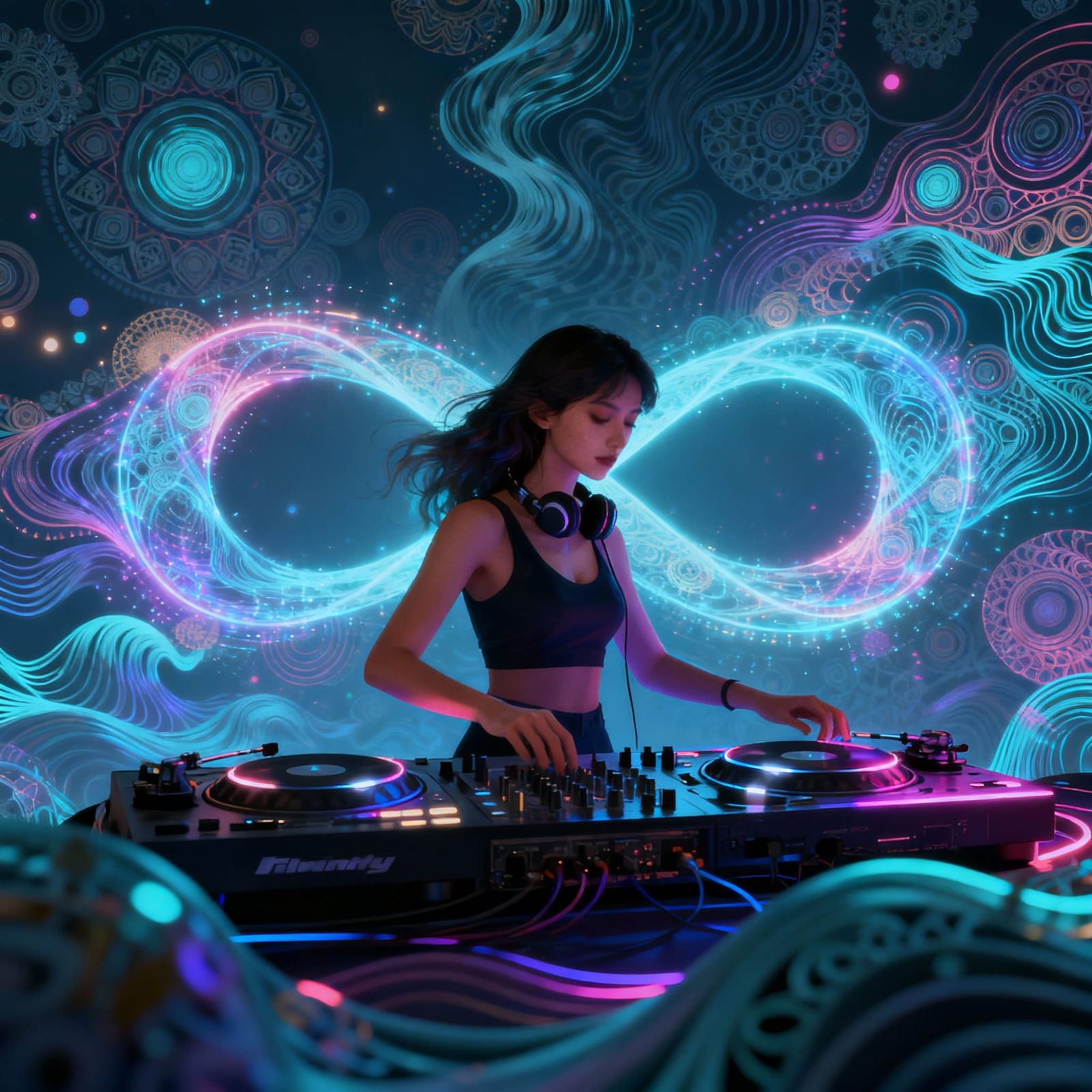 Female DJ Embodies Infinity in Holographic Surreal World