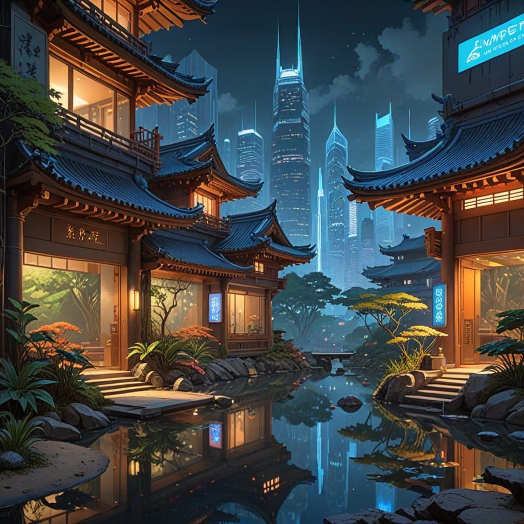Futuristic Zen Oasis Amidst Neon Cityscape