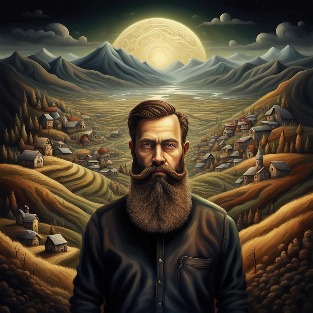 Beard Morphing into Whimsical Landscape, Digital Painting