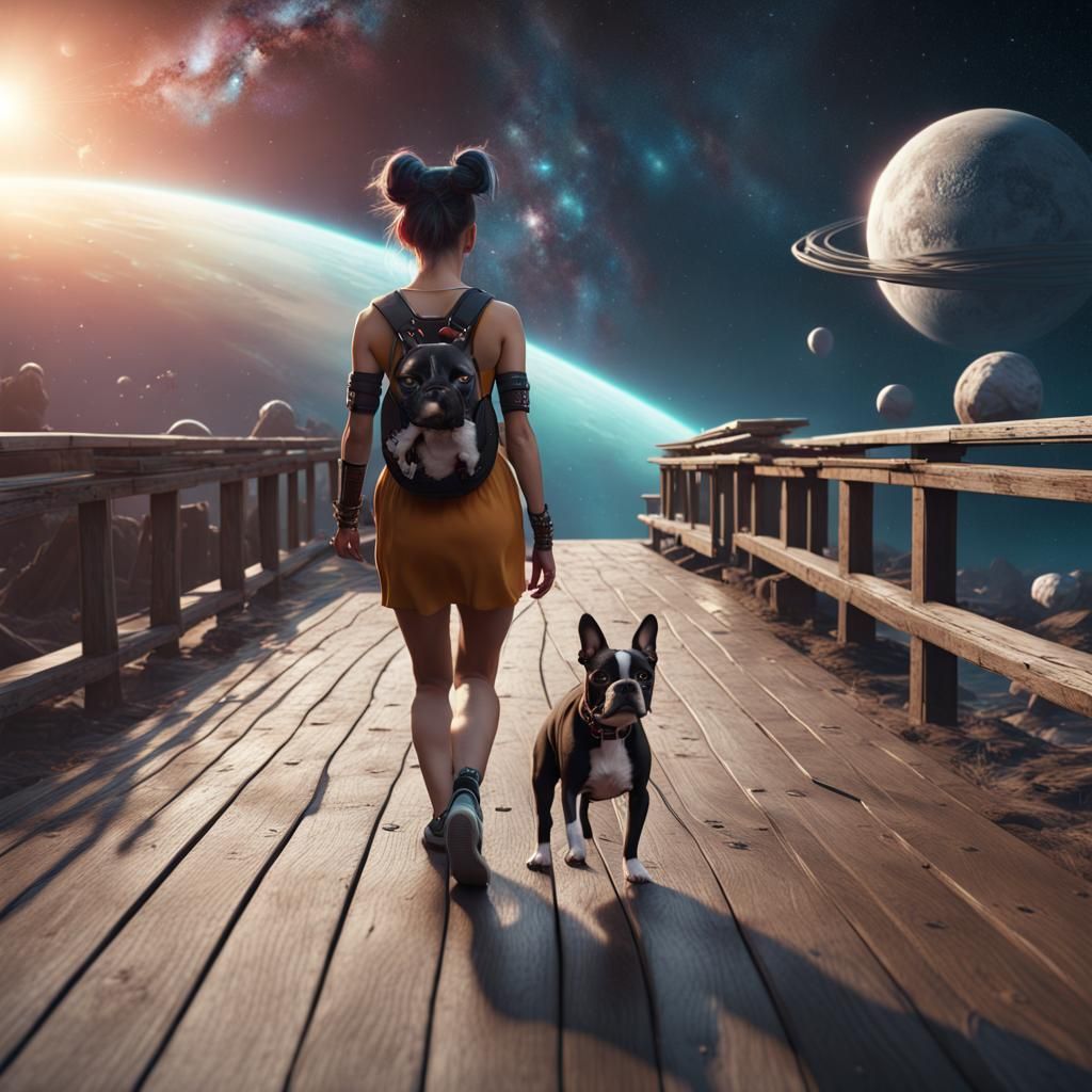 Woman Walks Dog in Space: Fantasy Concept Art
