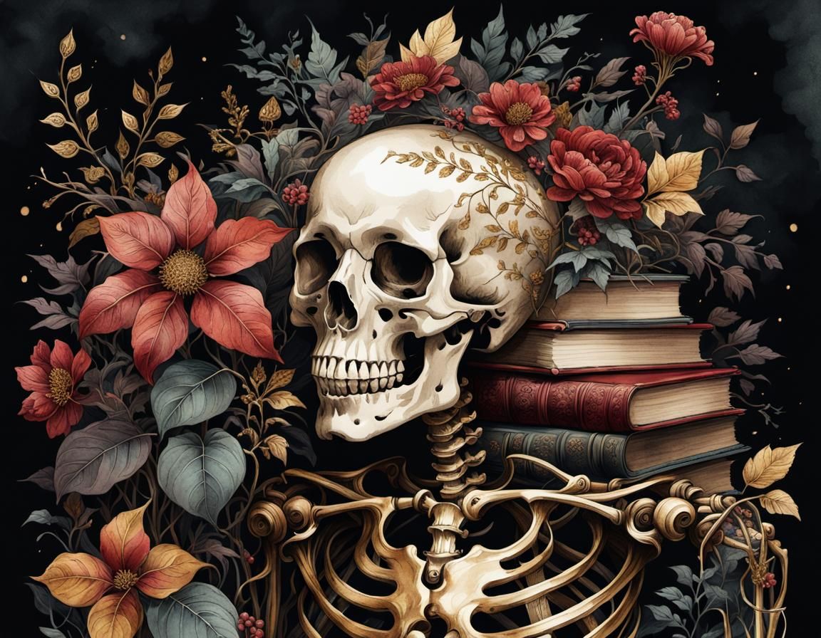 Whimsical Skeleton in Overgrown Library: Ink and Watercolour