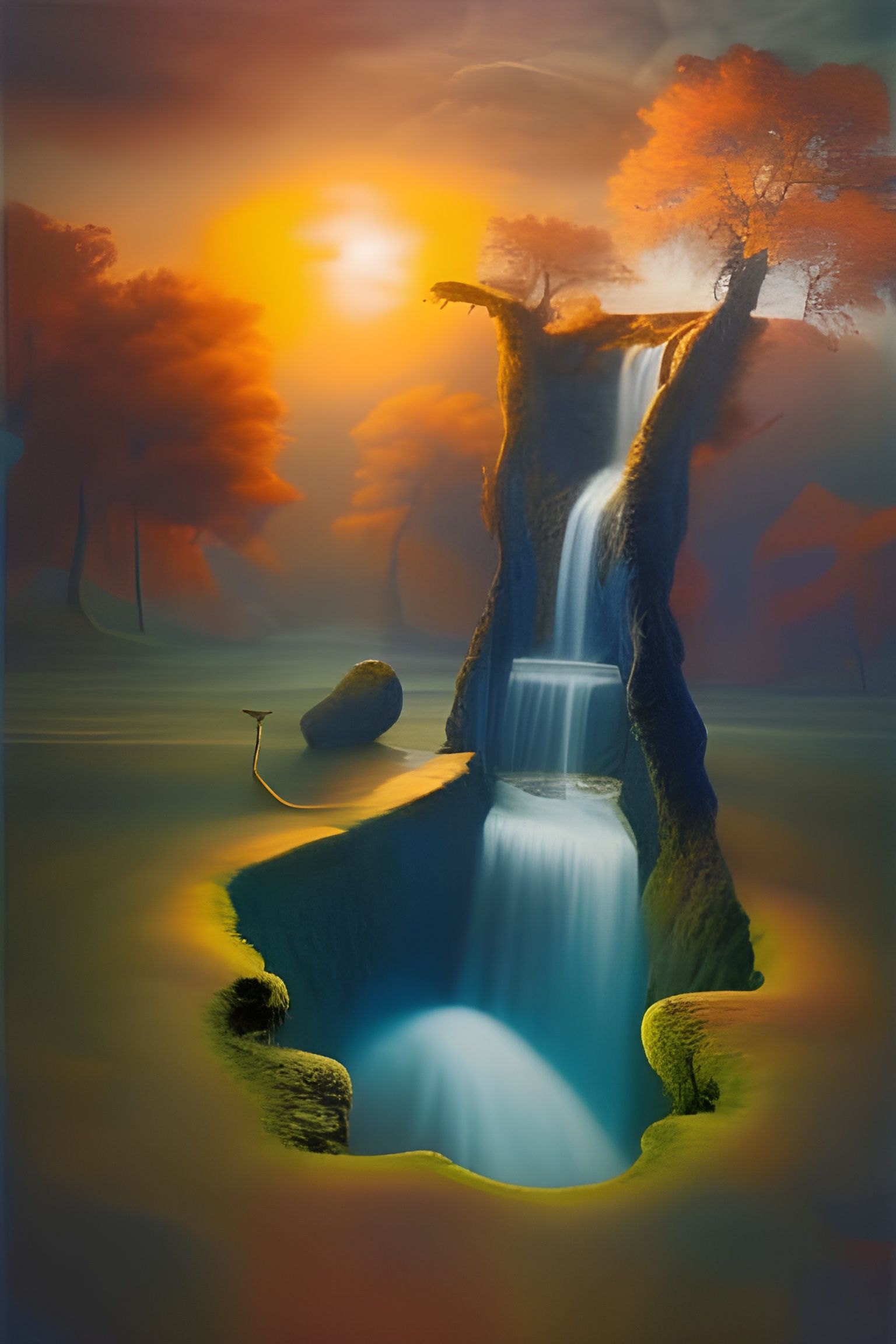 Surreal Landscape with Brain Trees and Fiery Majesty