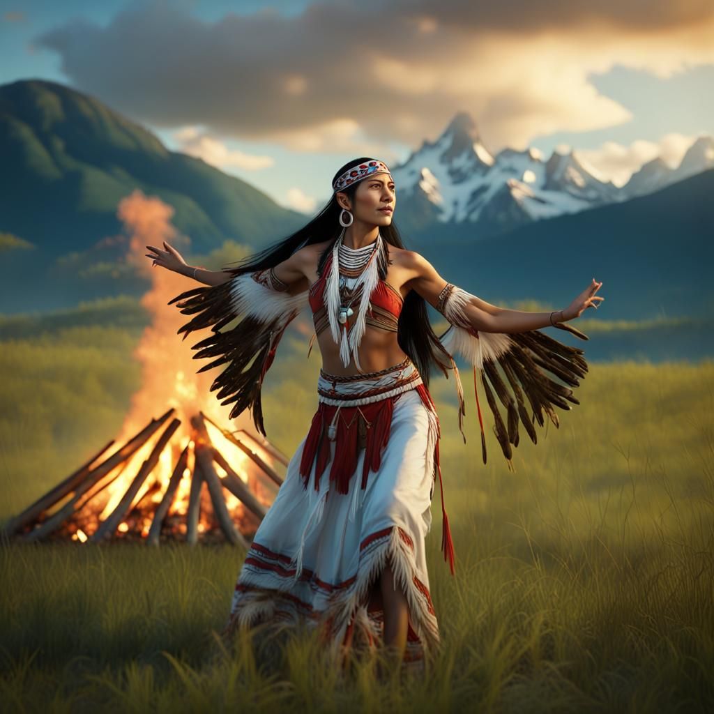 Native American Woman Dancing Around Bonfire